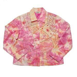 Carol's Corner Vintage Tie Dye Jacket Embroidered Beaded Floral Pink Orange 90s
